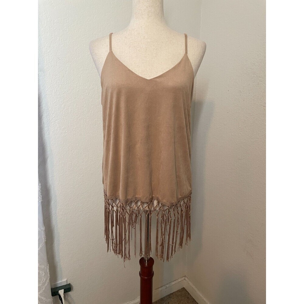 Wrangler Faux Suede Fringe Cami Tank Top Size Medium Tan Boho Western Festival
